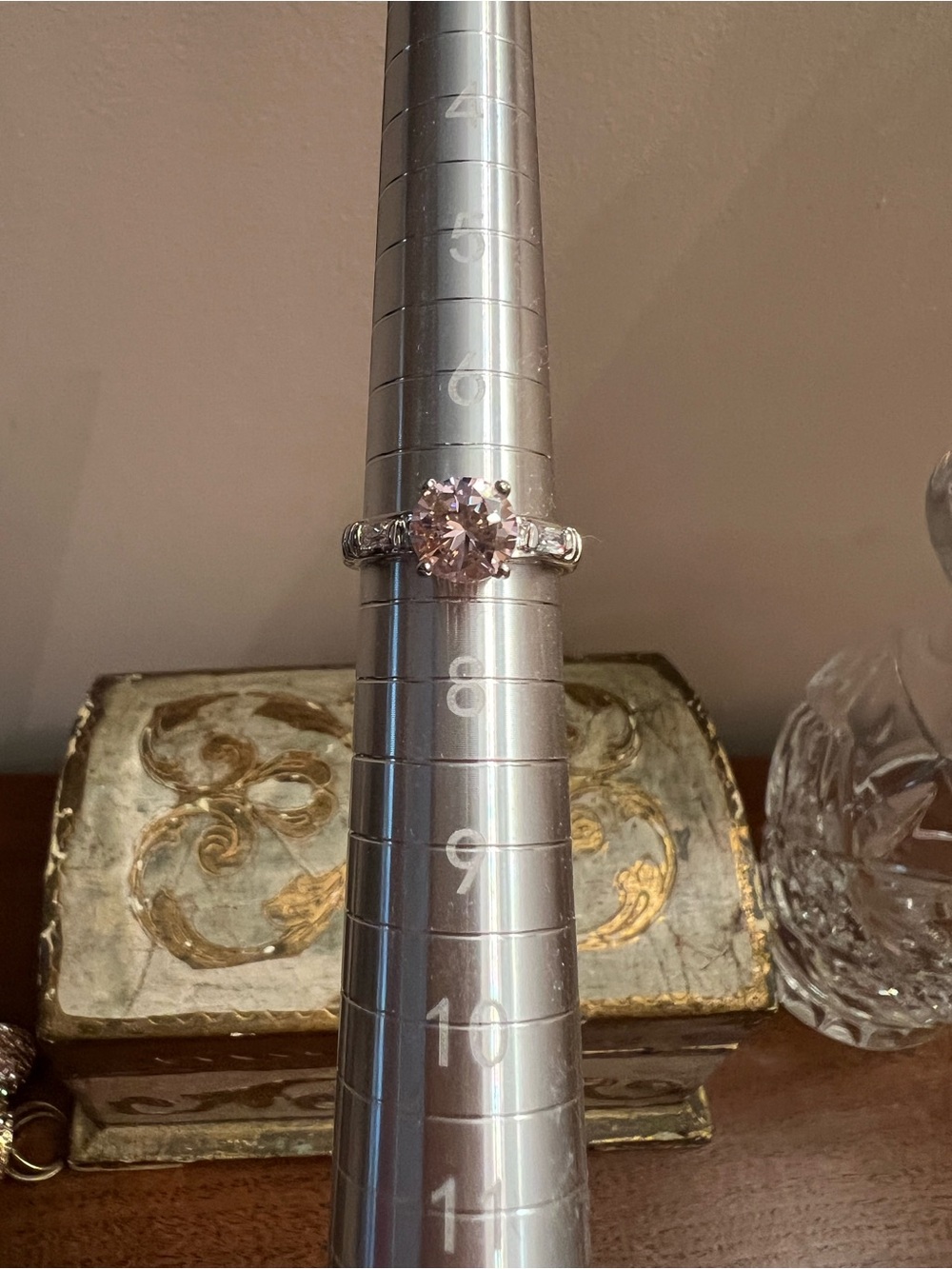 Classic Light Pink CZ Solitaire Ring in Silver Tone with Baguettes Size 7 - Picture 3 of 6